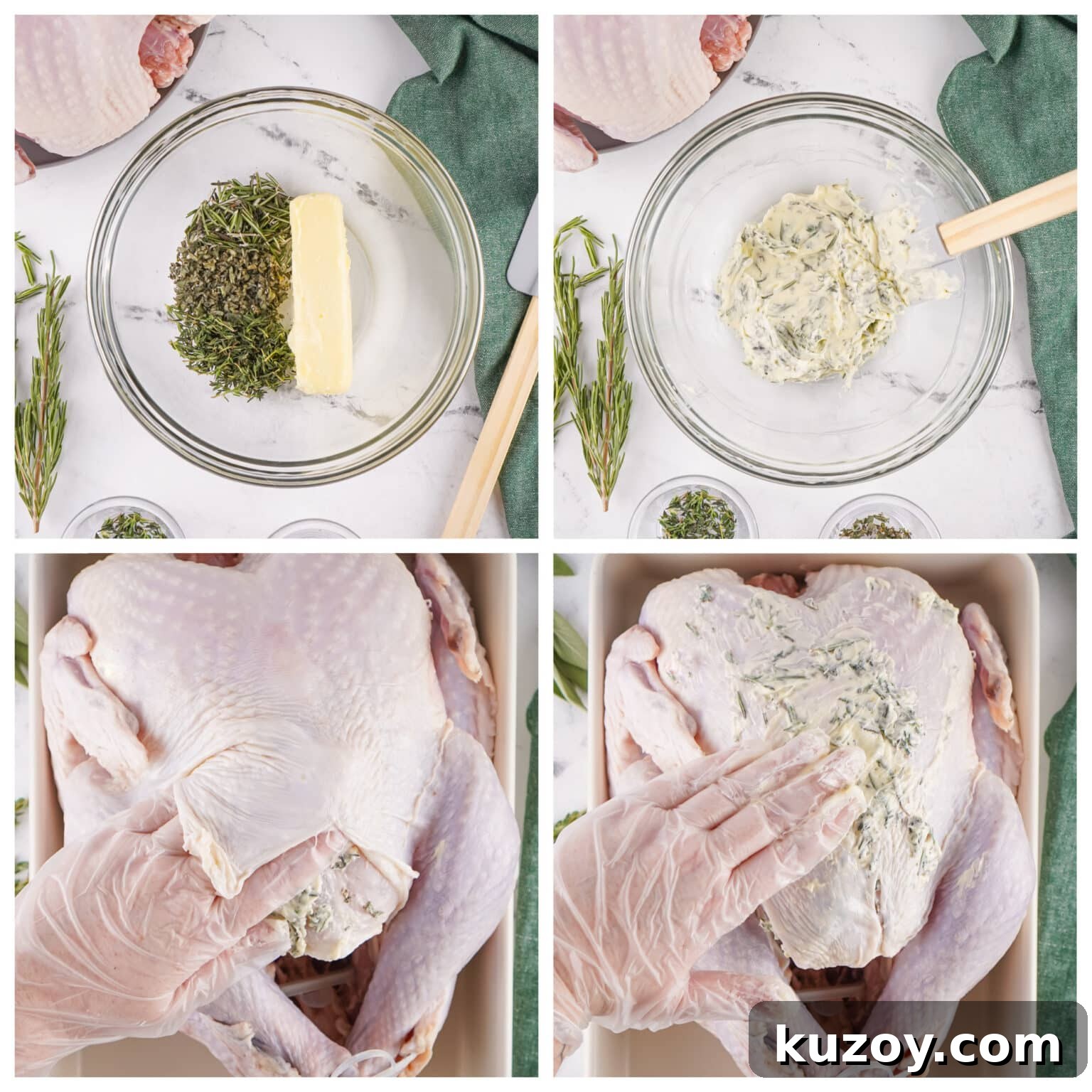 Herb-Butter Roasted Turkey Recipe for Juicy, Flavorful Results 8 collage showing how to make an herb butter roasted turkey