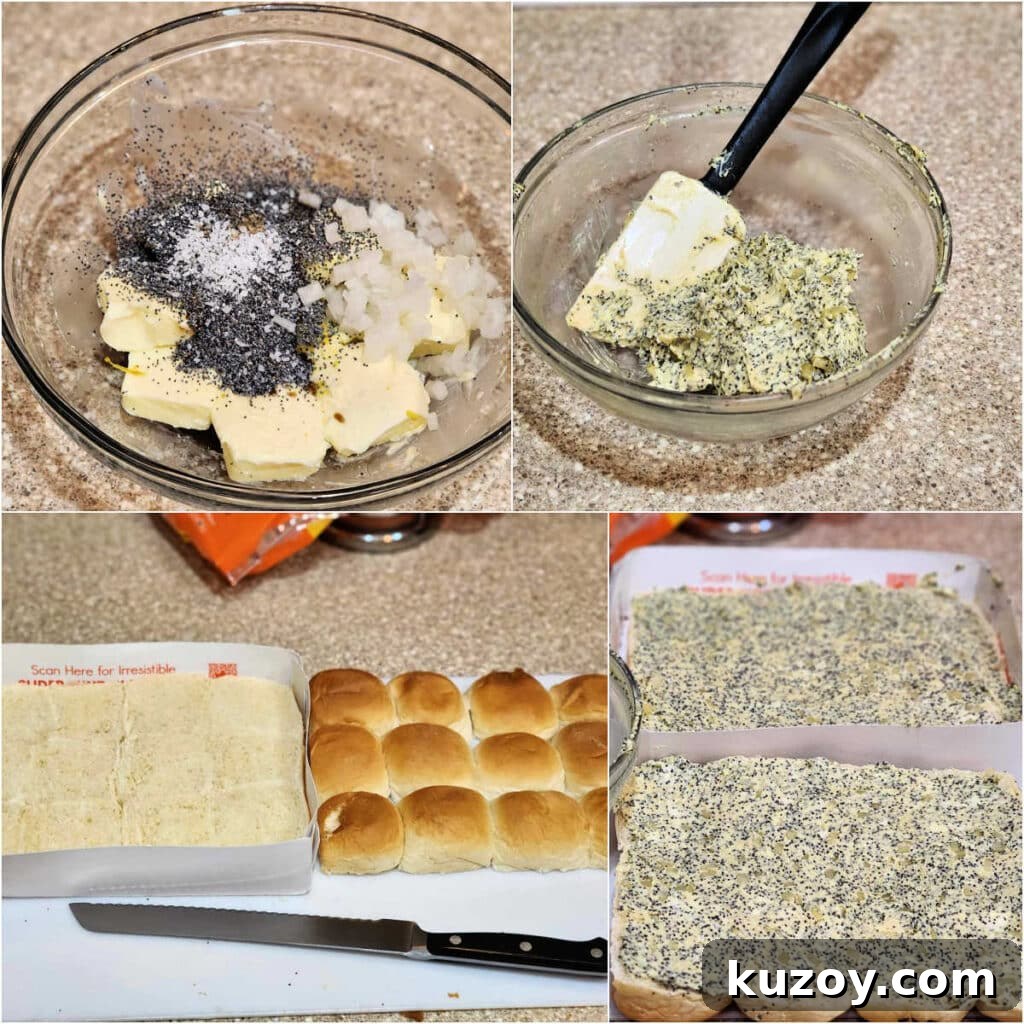 A collage showing the butter and poppy seed spread mixed and applied to rolls.