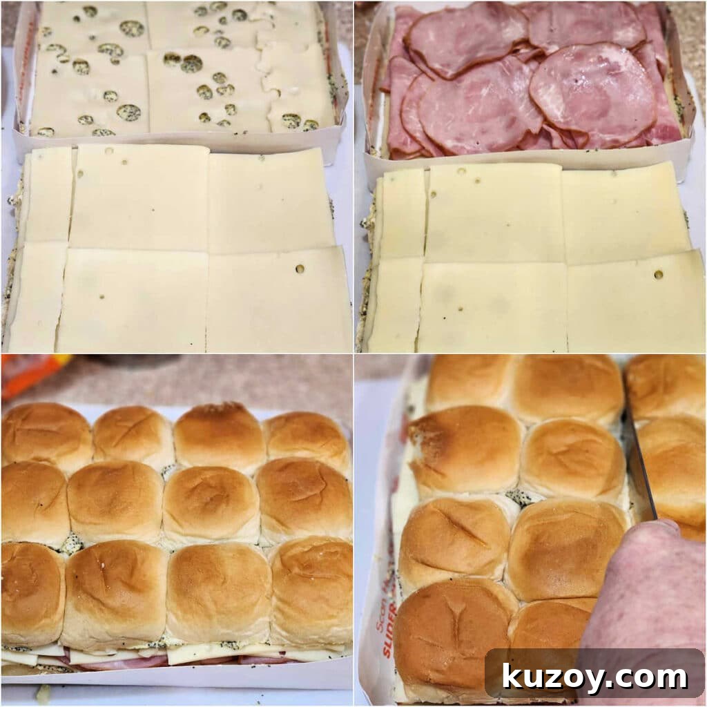 A collage showing assembling ham and cheese sliders in the tray and slicing between the rolls.