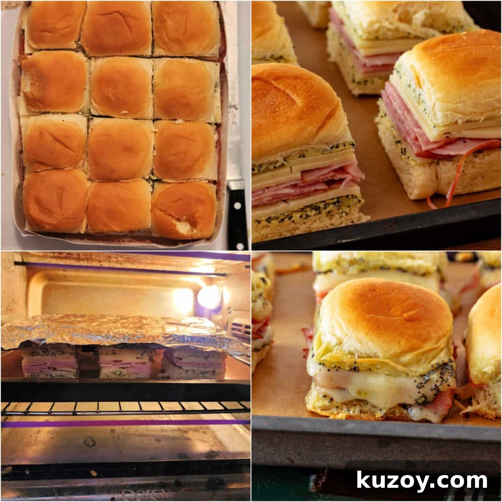 A collage showing the baking process, from raw sliders on a tray to melted-cheese closeup.