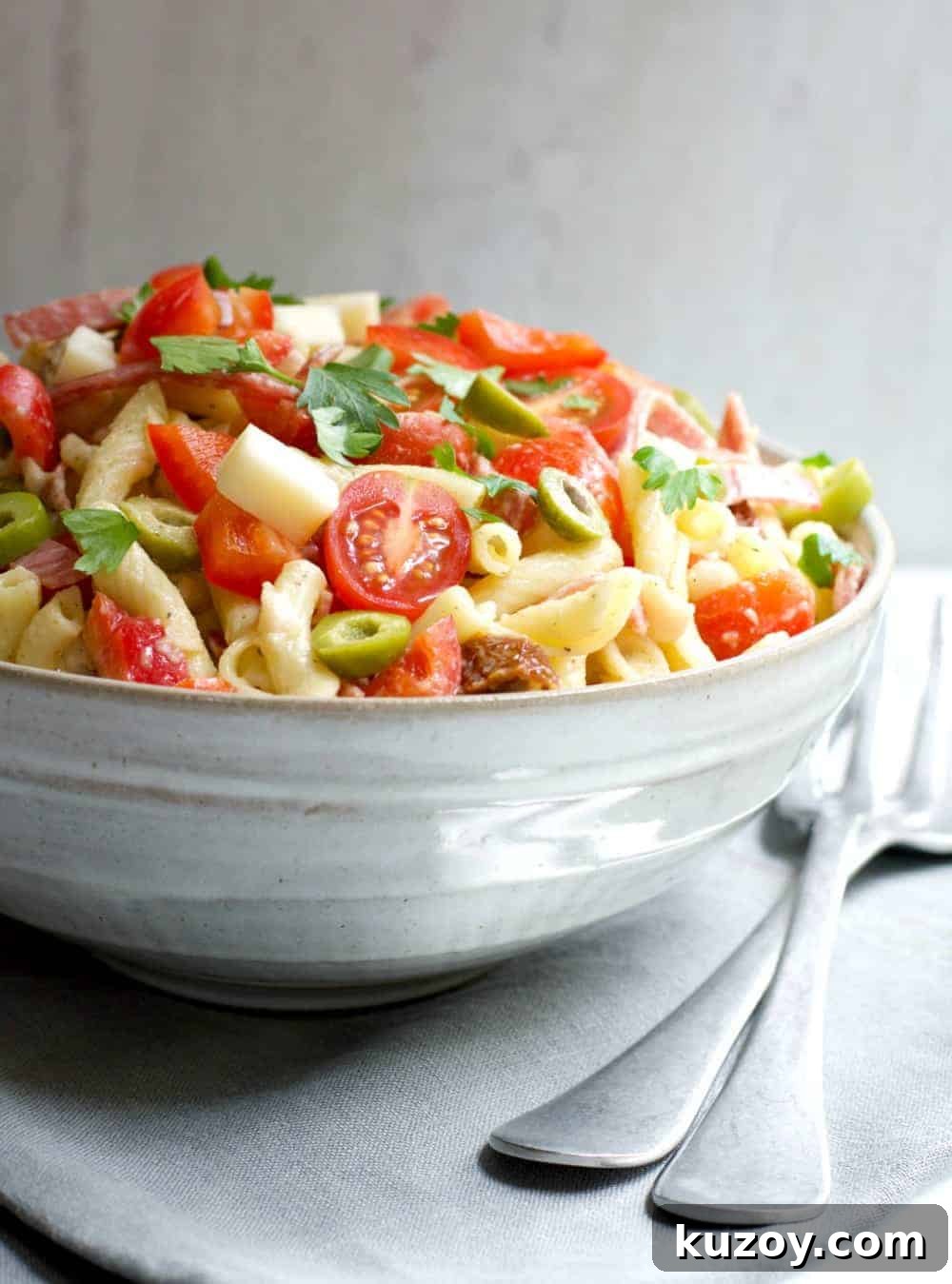 Italian Pasta Salad served in a ceramic bowl
