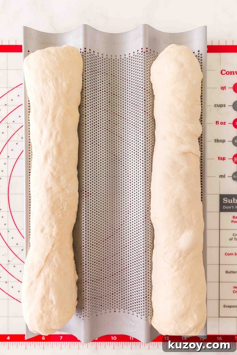 Two shaped baguette loaves on a French bread pan after the second rise. – Hostess At Heart
