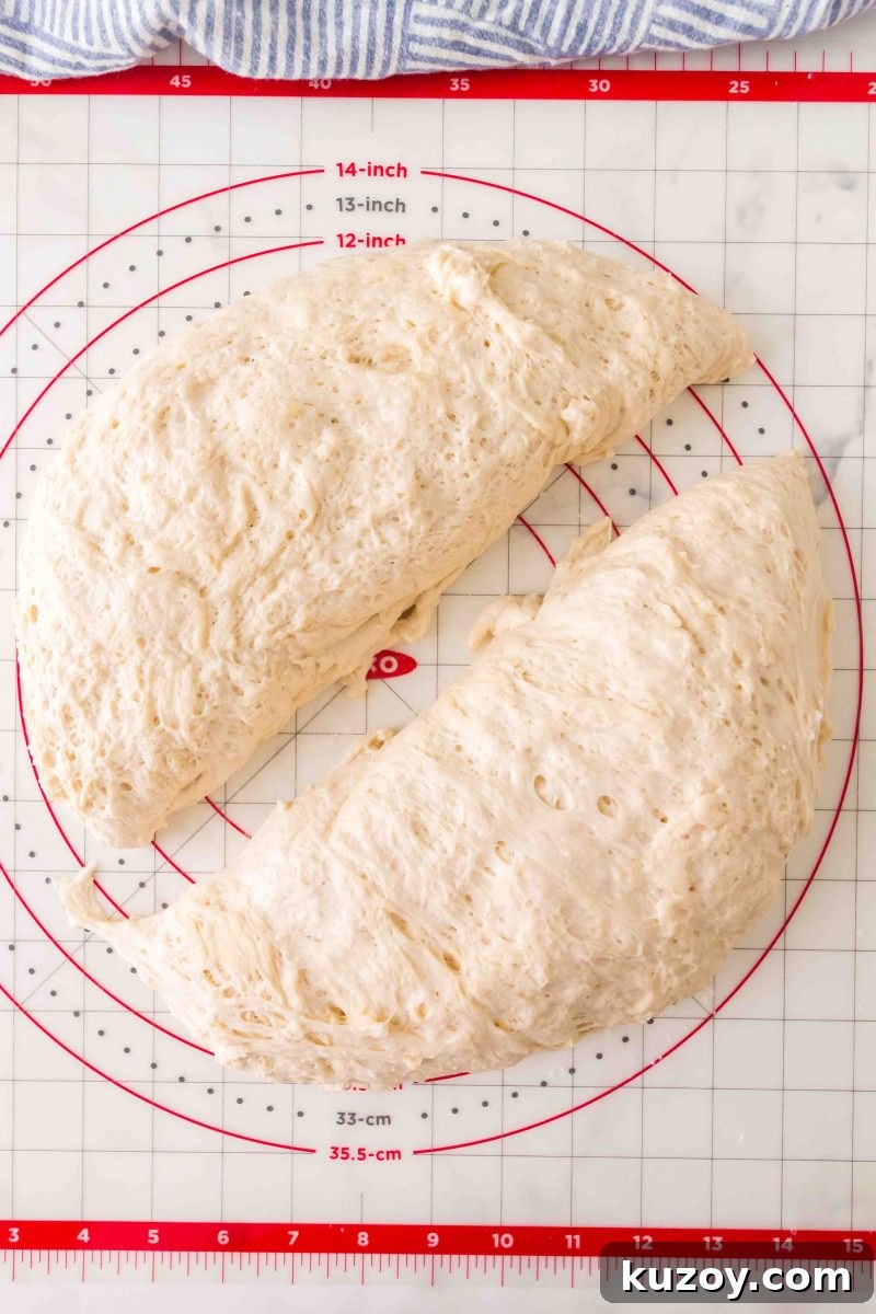 Homemade French bread dough separated into two pieces for shaping after the first rise. Hostess At Heart