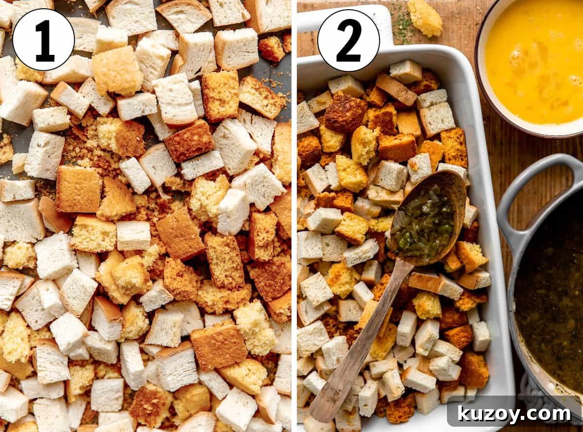 How to make cornbread dressing, showing cubed bread and cornbread being baked. Then in a baking dish with a seasoned butter sauce being poured on top.