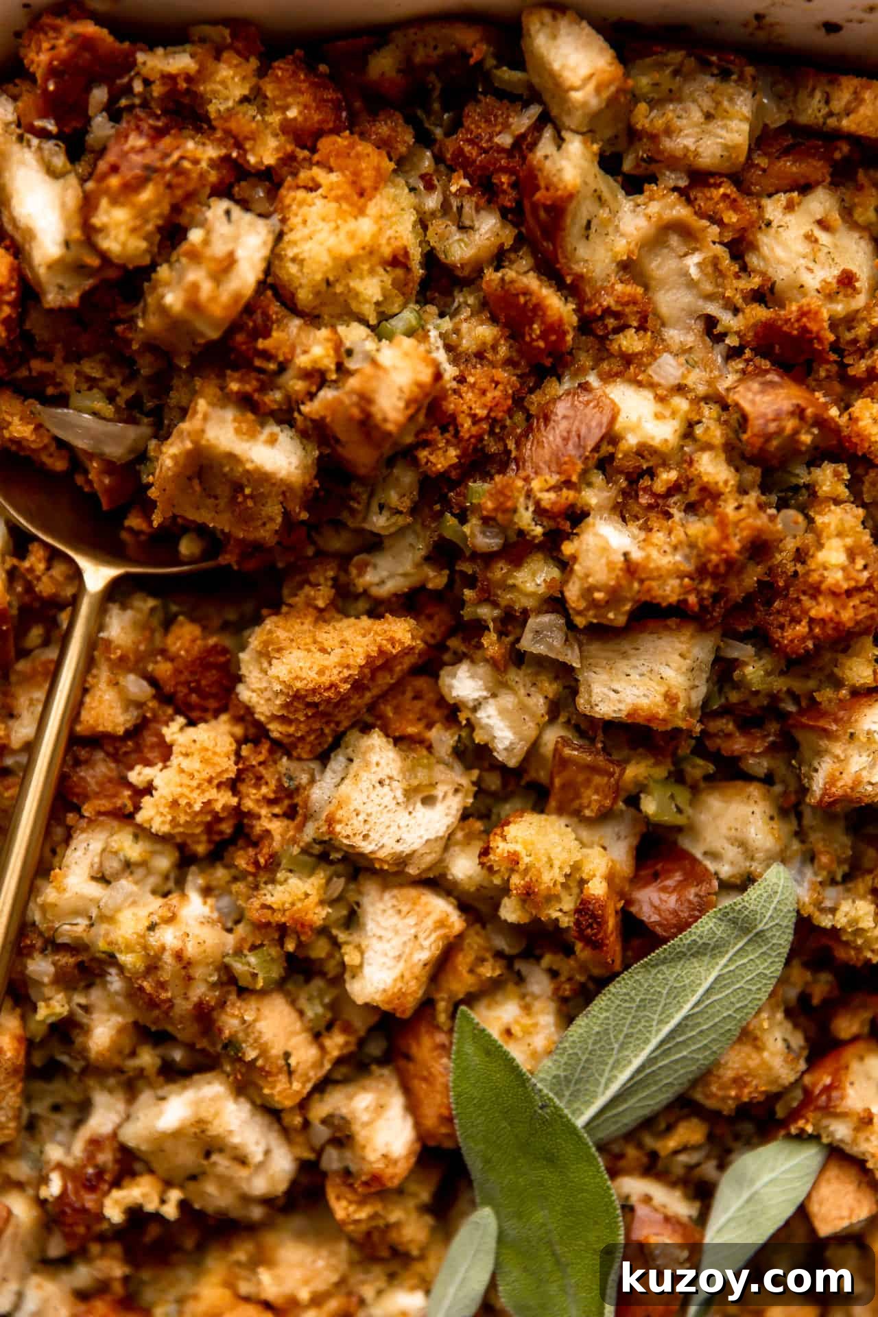 Up close look at baked cornbread dressing.