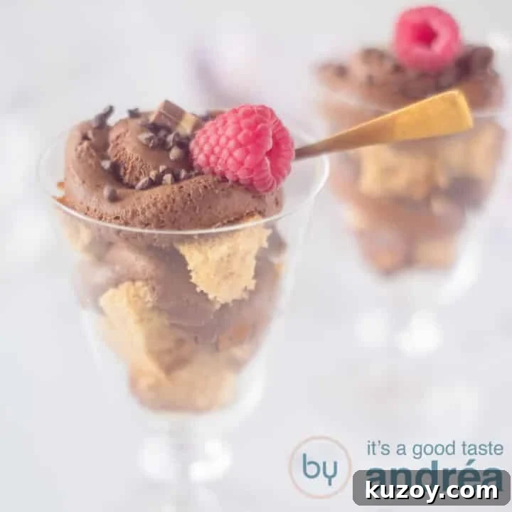 A square photo with two sections filled with cake and chocolate mousse, alternately, and decorated with a raspberry and golden spoon. A white background.