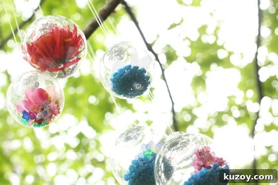 Flower drop ornaments hanging in tree