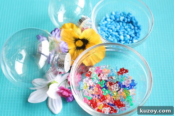clear plastic ornament, artificial flowers, beads