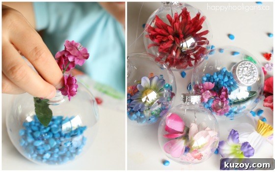 child filling clear plastic ornaments with beads and flowers