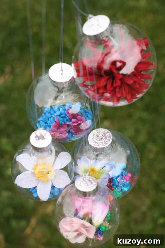 glass ornaments filled with coloured rocks and flowers