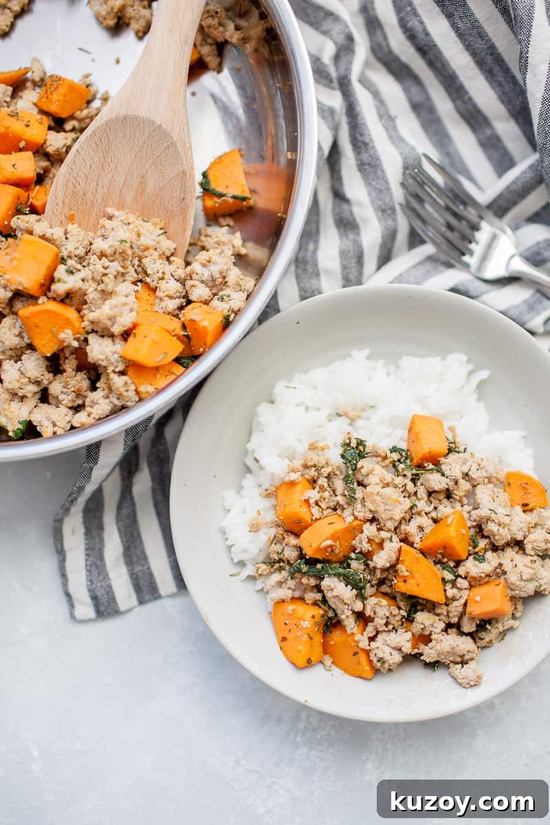 Stainless steel skillet with sweet potato and ground turkey mixture. Gray plate with sweet potatoes, ground turkey and rice.