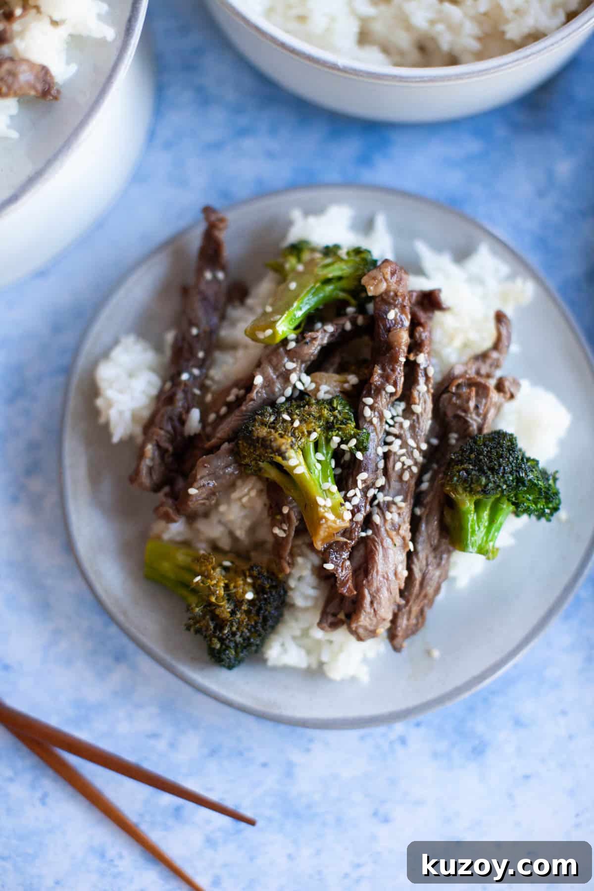 Beef and Broccoli stir fry on a bed of white rice