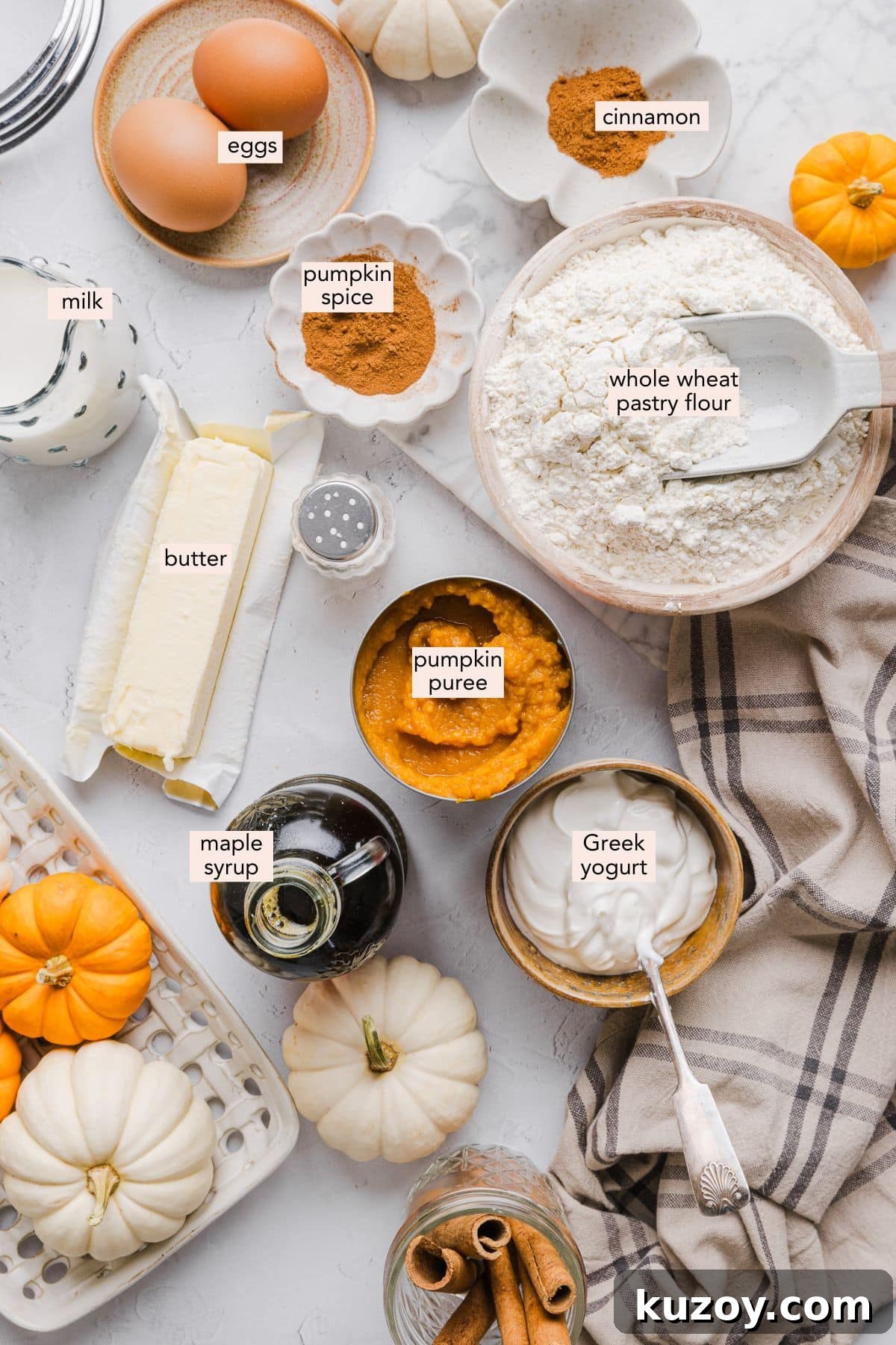 Healthy pumpkin pie ingredients on a countertop with labels.