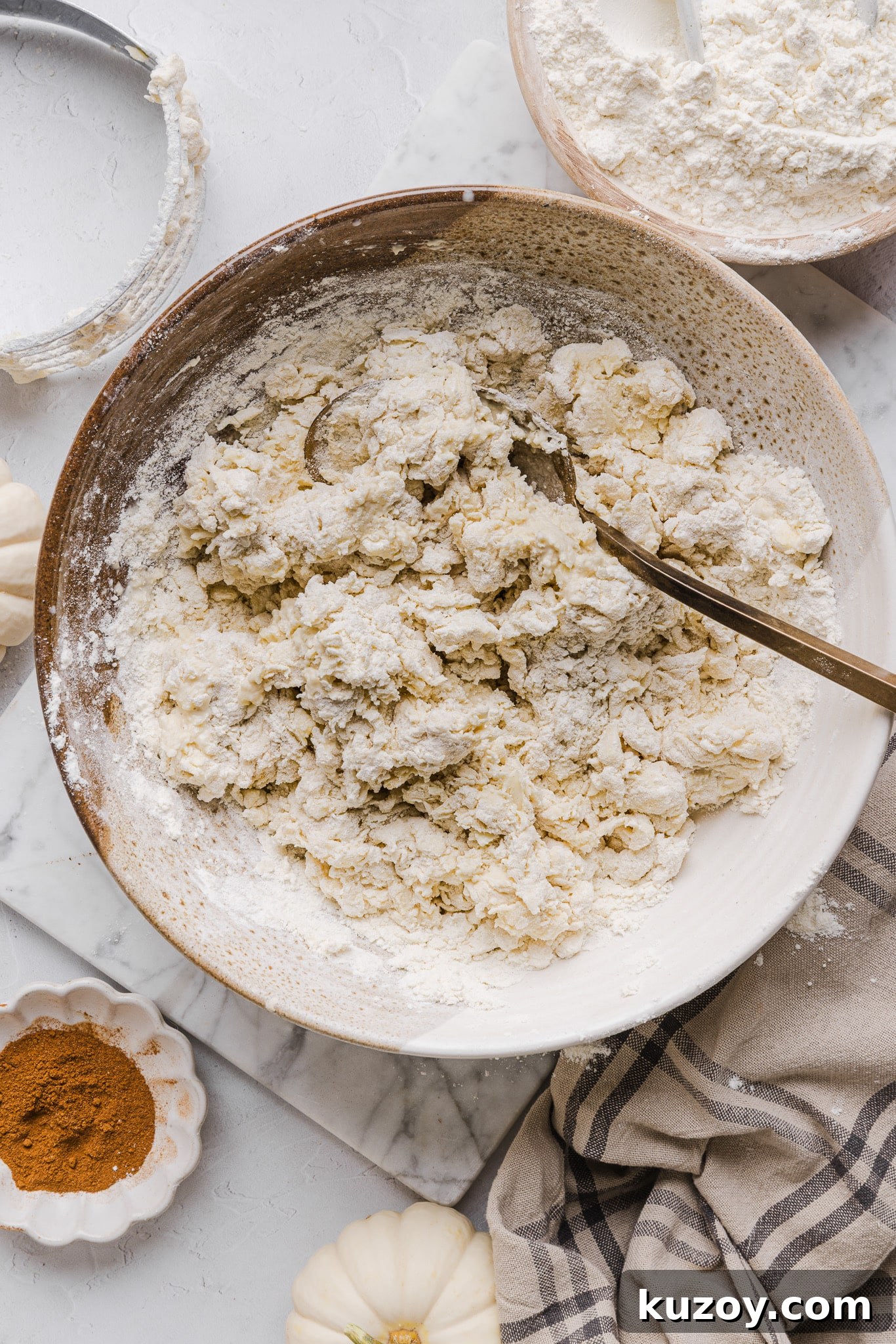 Healthy pie crust being mixed in a bowl.