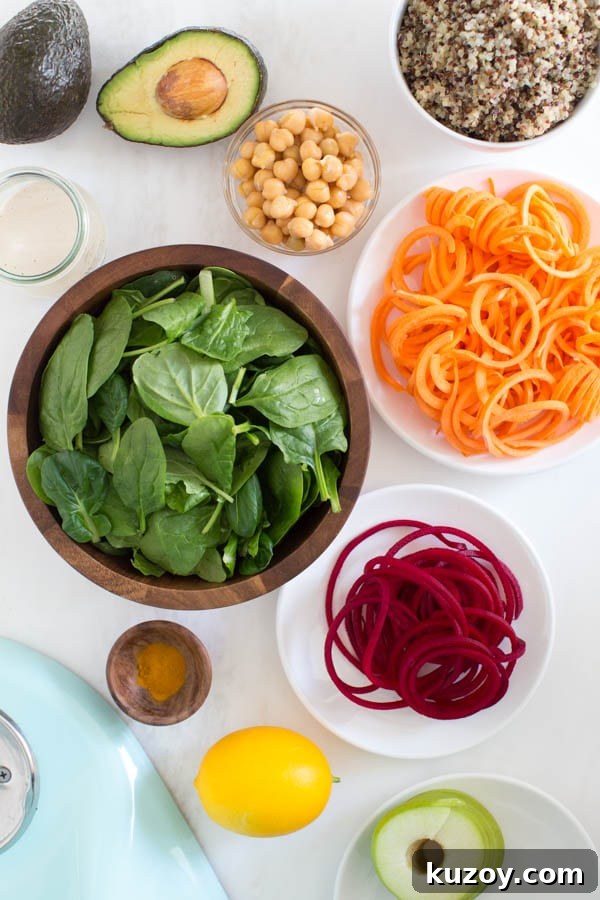 Harvest Buddha Bowl with Lemon Tahini Dressing - close-up of spiralized vegetables and quinoa