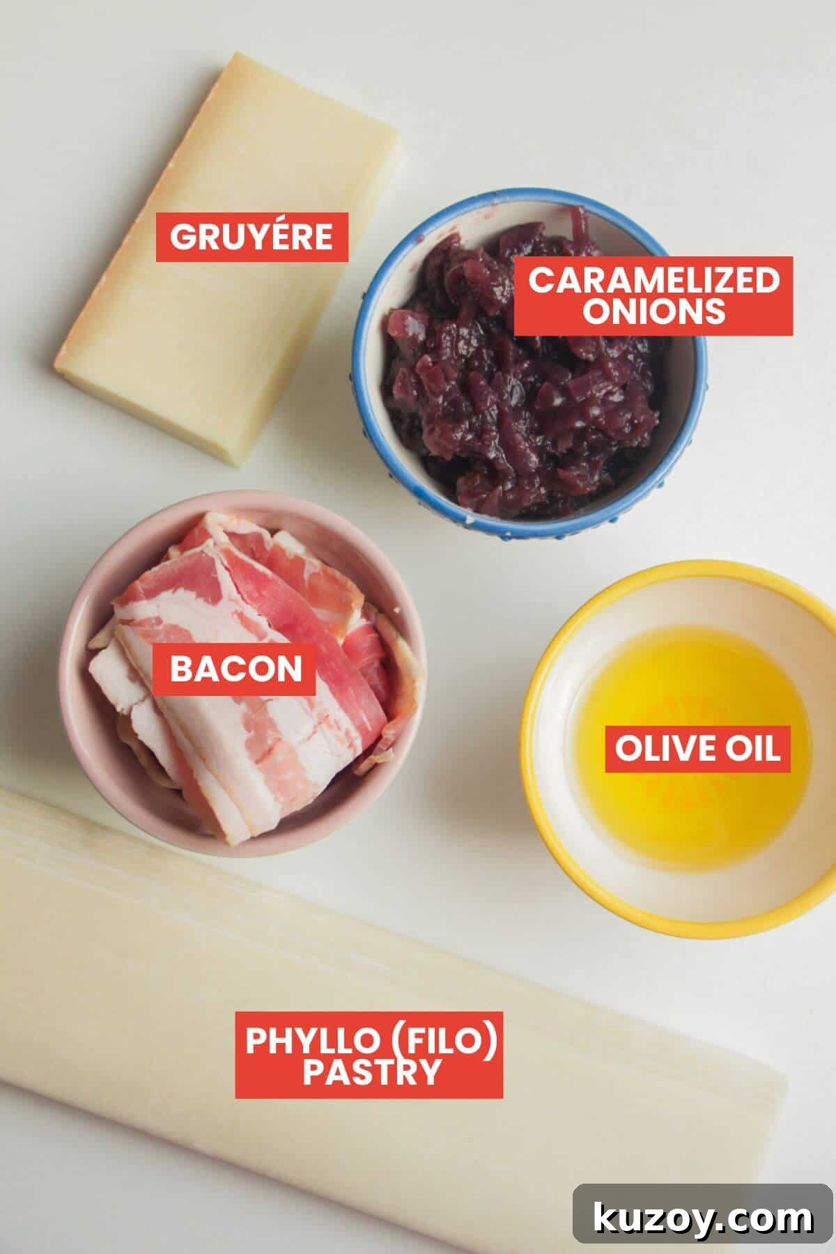 Ingredients for caramelized onion cups laid out and labelled.