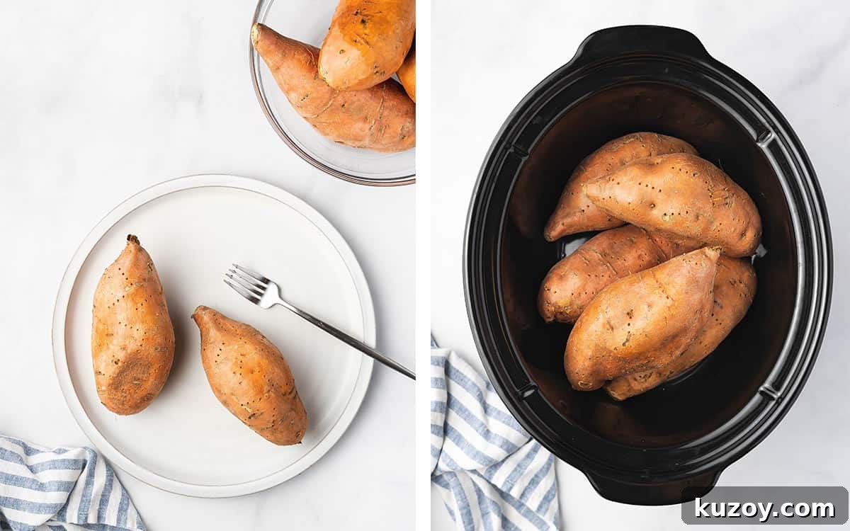 Sweet potatoes pricked with a fork and added to a crockpot.