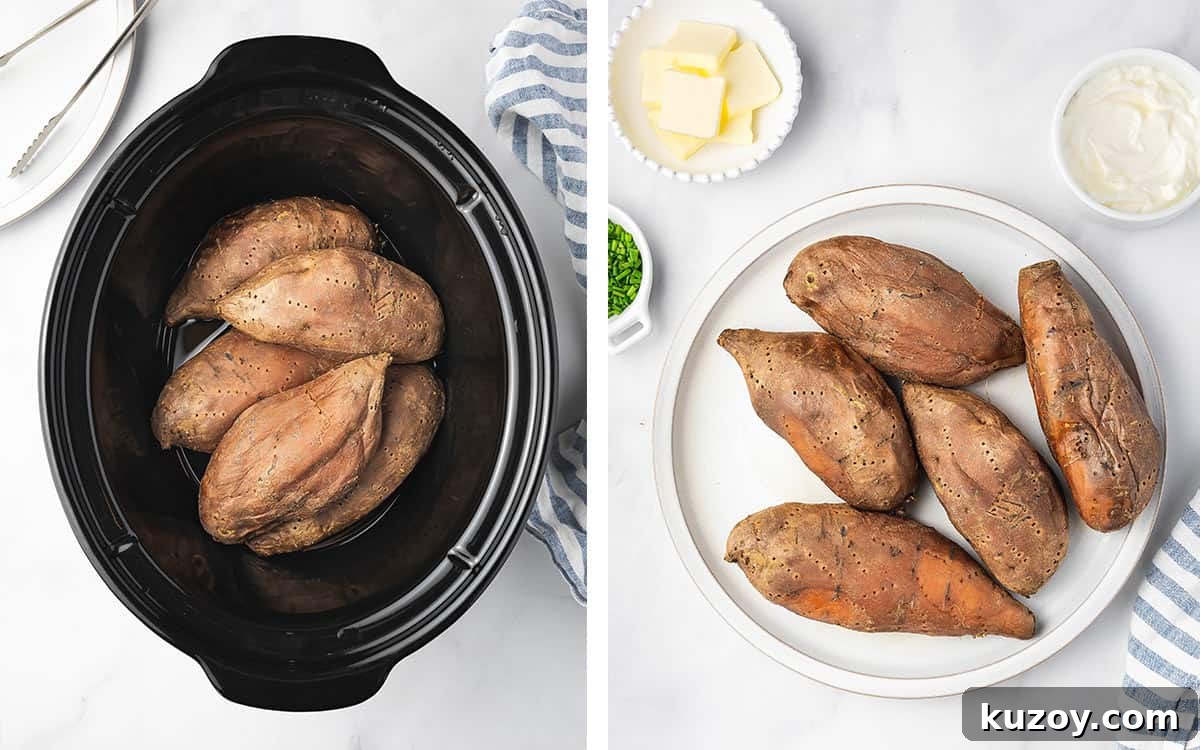 Cooked sweet potatoes in a slow cooker and transferred to a plate.