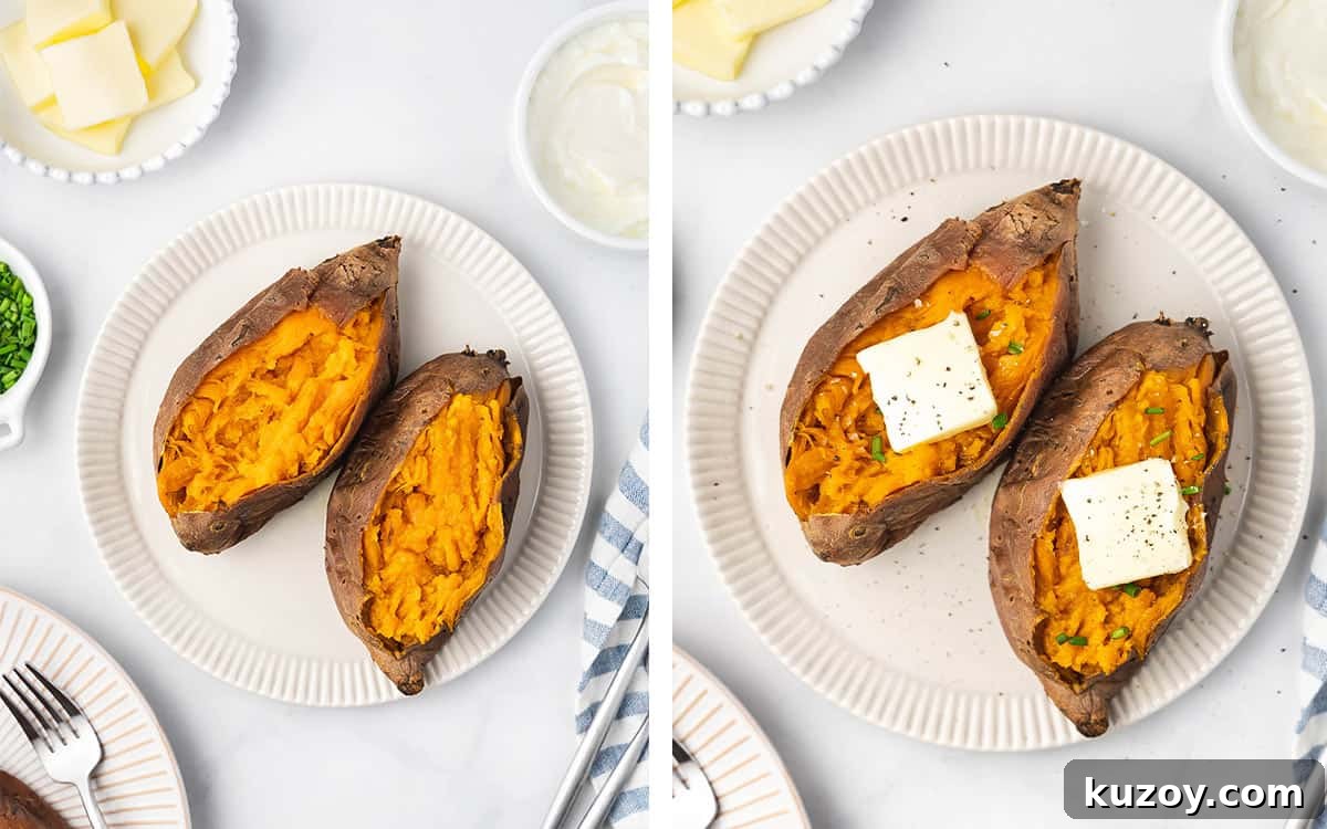 Sweet potatoes on a plate sliced opened and a piece of butter placed on top.