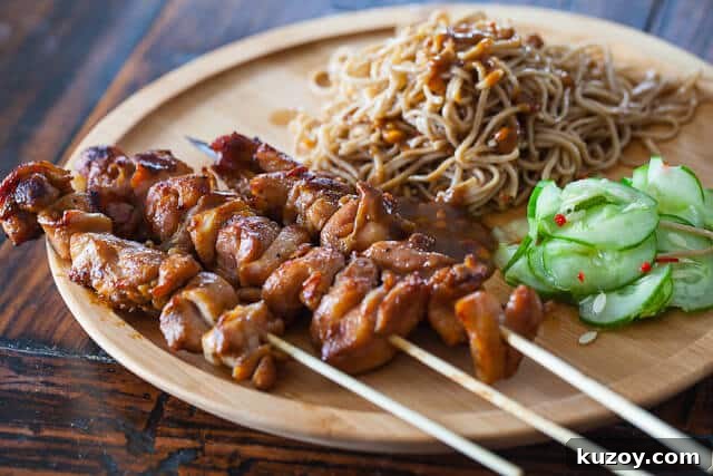 Chicken Satay with Peanut Noodles on a plate