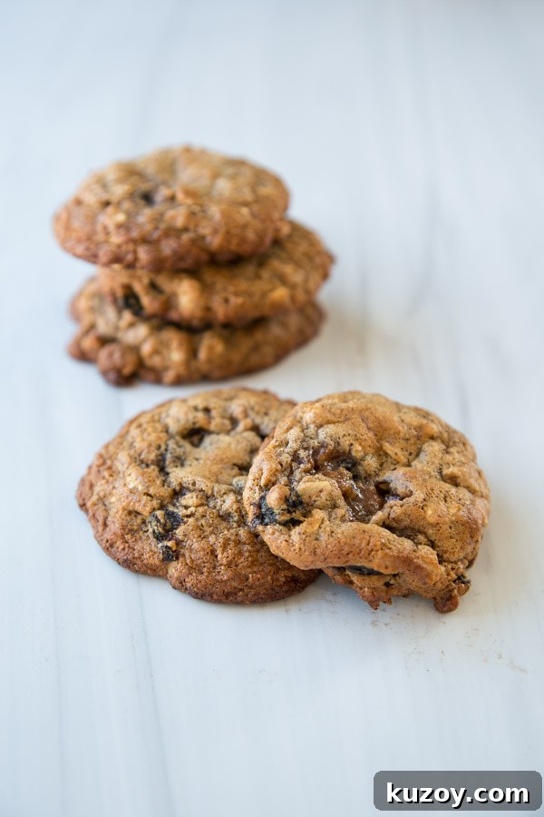 low sugar oatmeal cookies stacked on counter