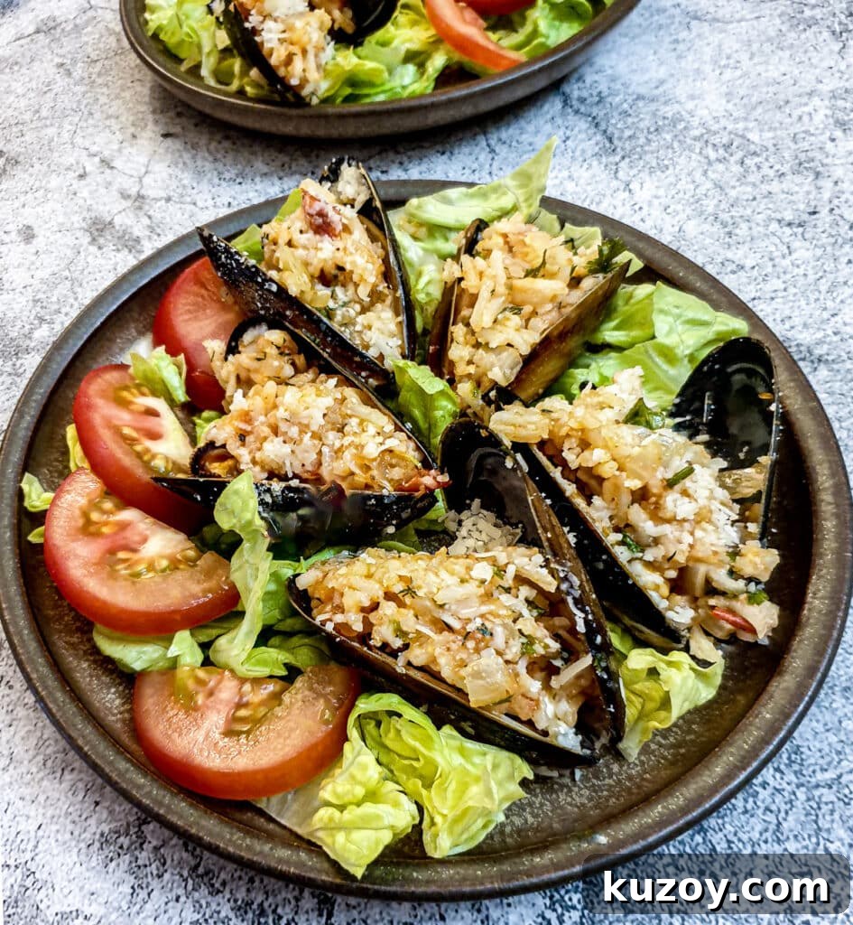 5 stuffed mussels on a brown plate garnished with shredded lettuce and sliced tomatoes.