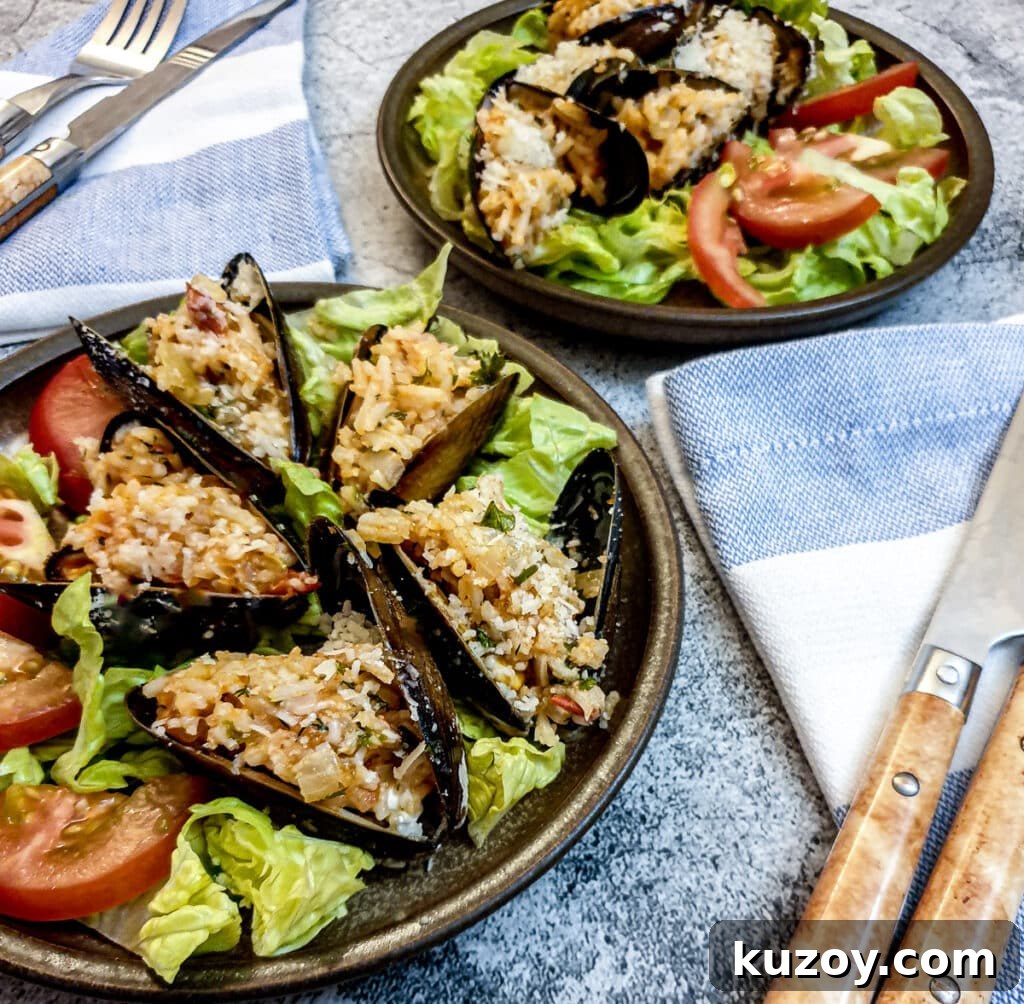 Stuffed mussels on a brown plate, with tomato and shredded lettuce, on a table.