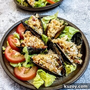 5 stuffed mussels on a brown plate garnished with shredded lettuce and sliced tomatoes.