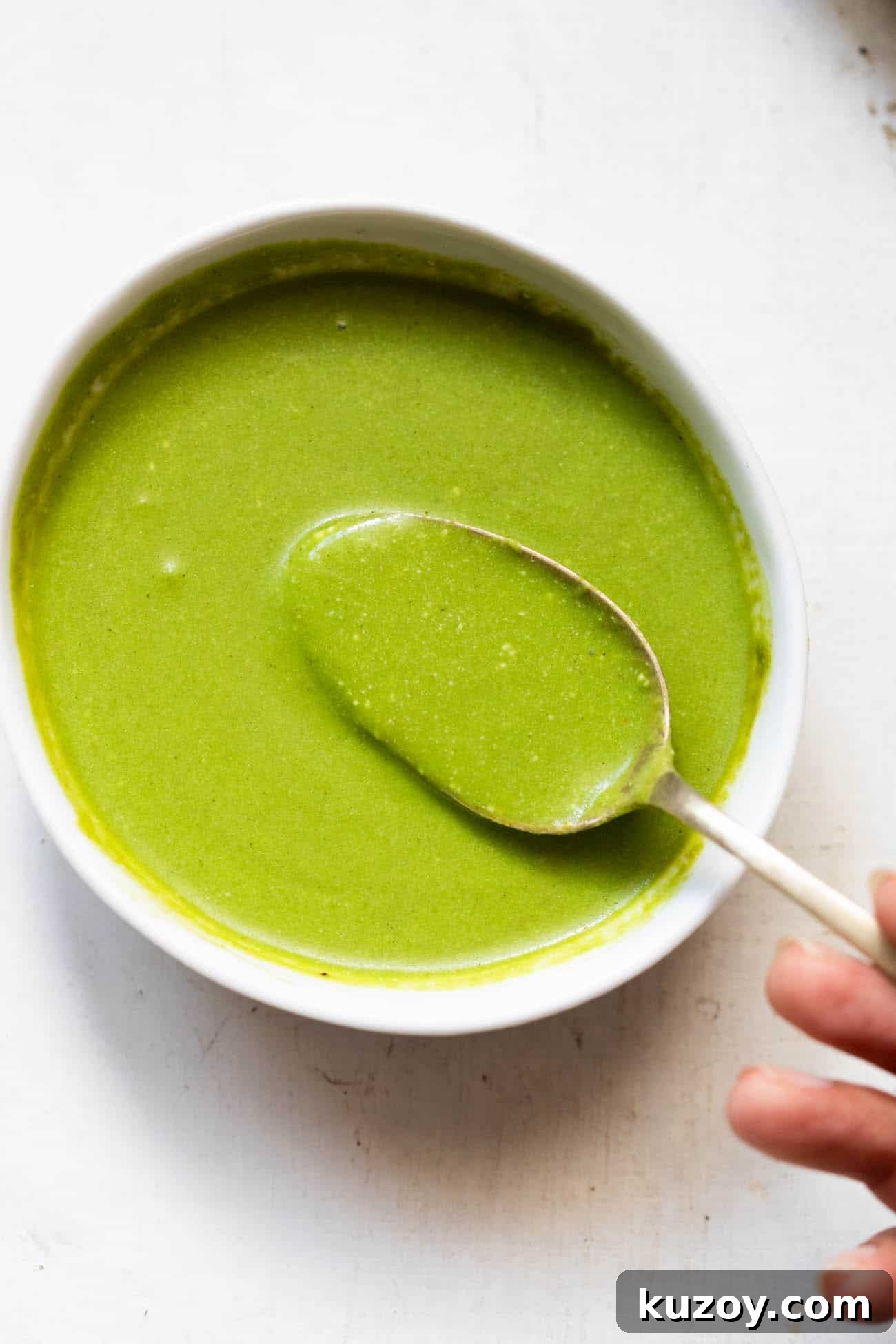 mint chutney served in a white bowl with a spoonful of chutney being taken out