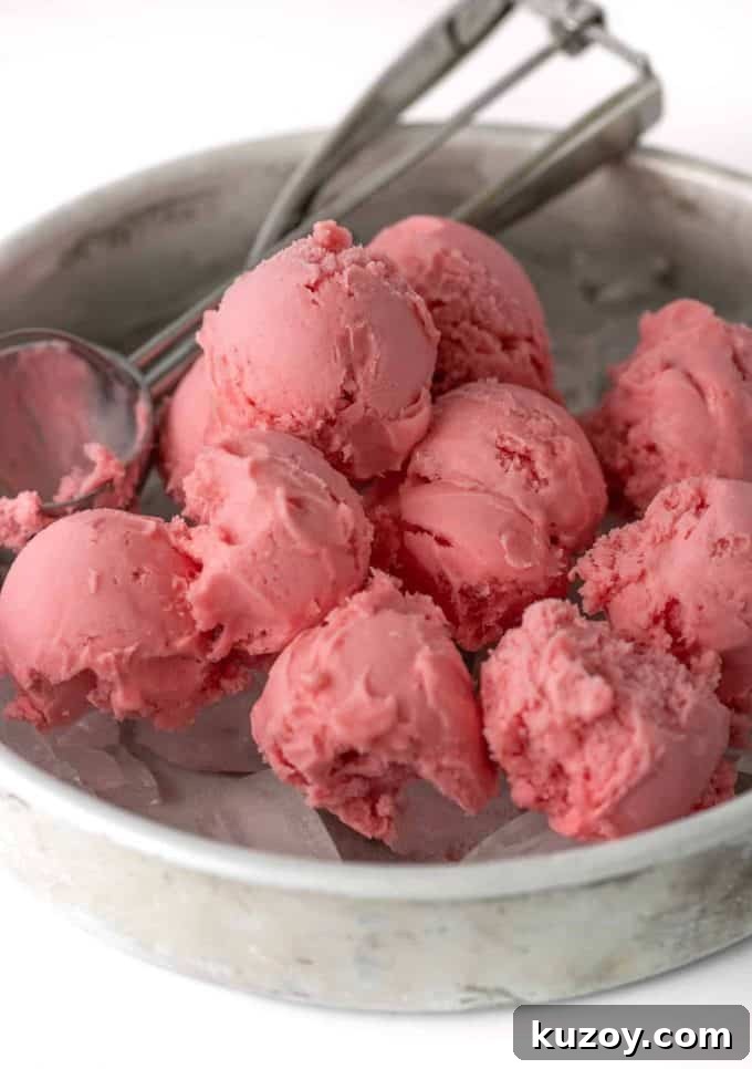 Scoops of raspberry sherbet on ice in metal baking pan