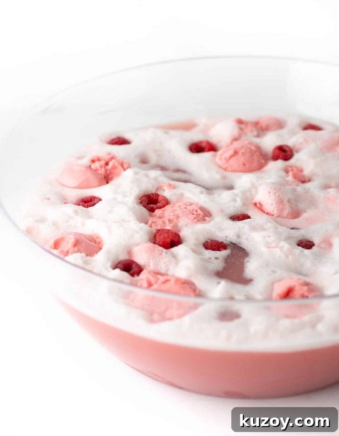 Raspberry Sherbet Punch in punch bowl with fresh raspberries