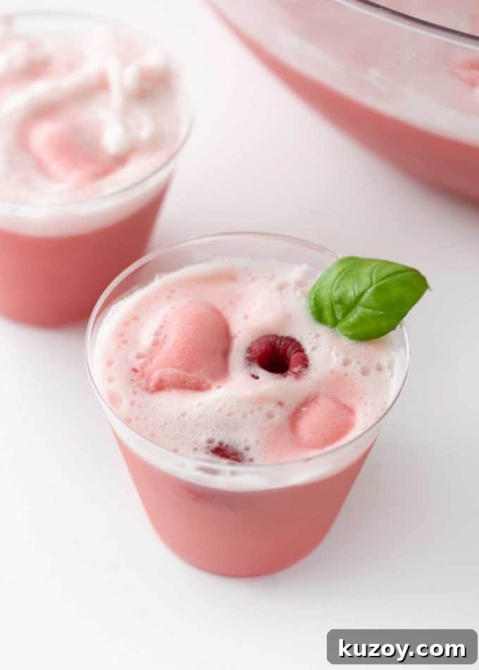 Cup of Raspberry Sherbet Punch with fresh raspberries and basil leaf