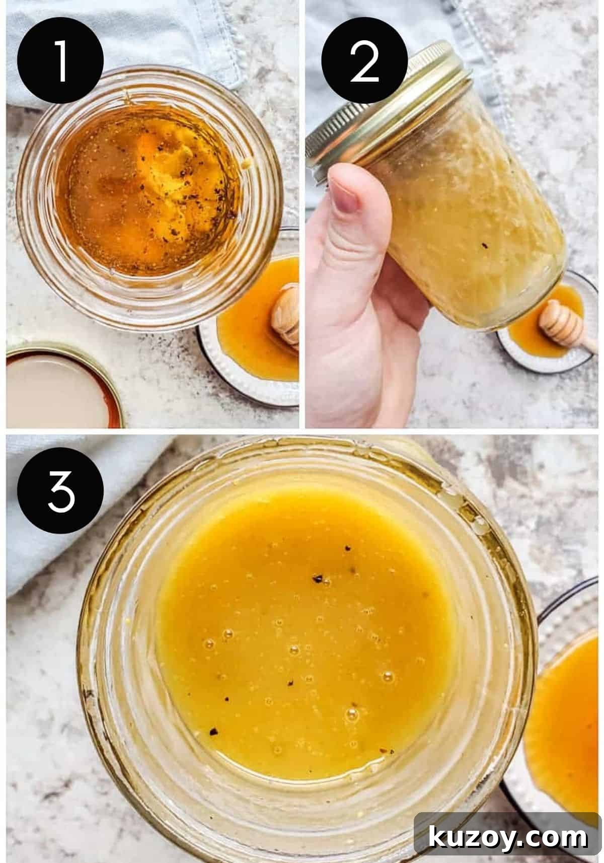 Three prep image collage showing dressing being made in jar.