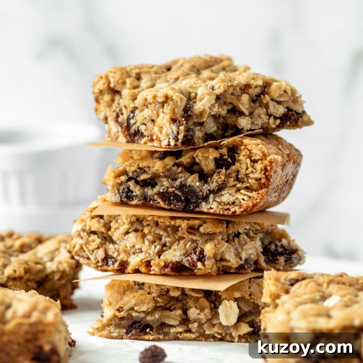 A stack of chai bars filled with oats and raisins.