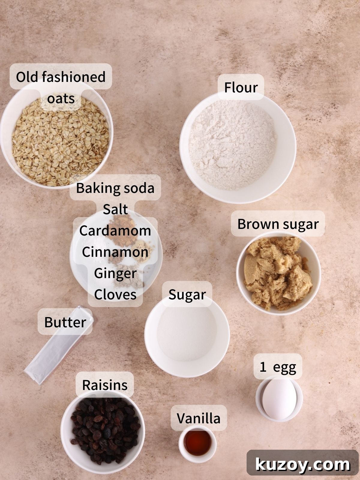 Labeled ingredients needed to make chai bars.