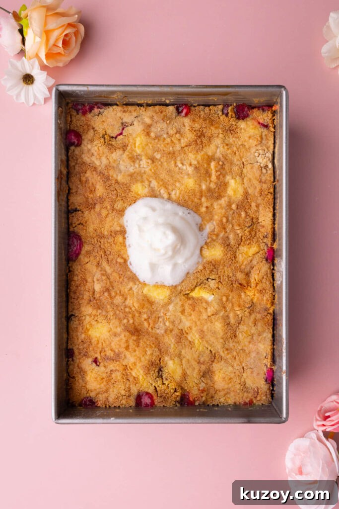 Strawberry Cheesecake Dump Cake fresh out of the oven cooling in the dish.
