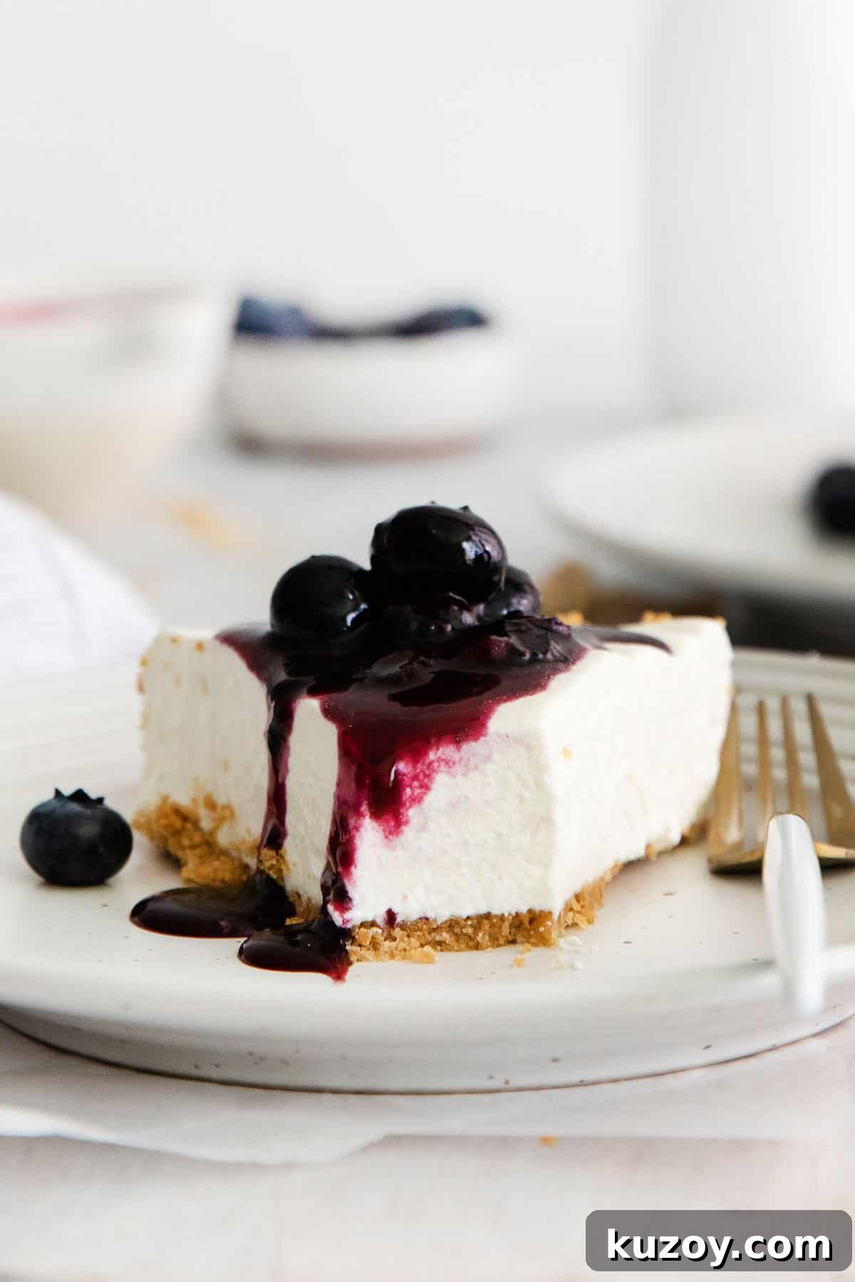 A slice of gluten-free no-bake cheesecake on a plate with blueberries on top