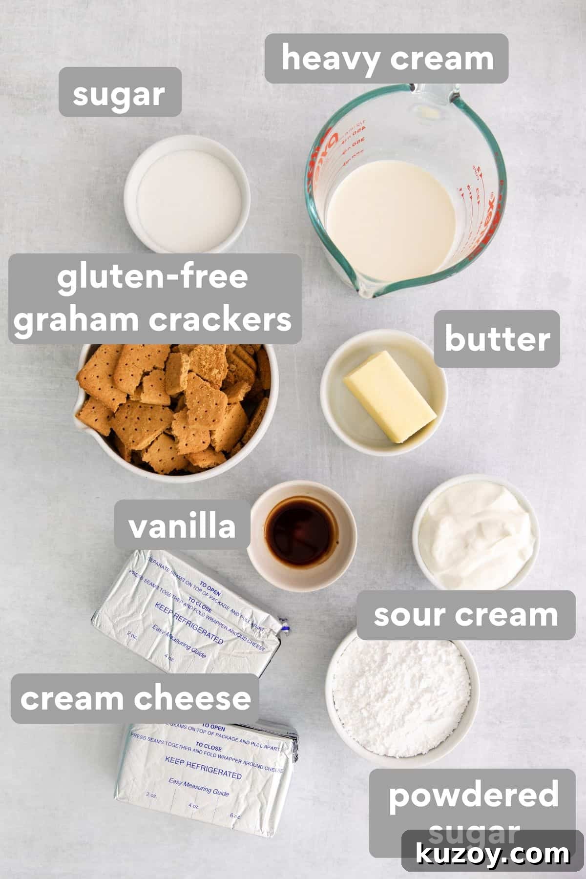 Ingredients for gluten-free no-bake cheesecake on a counter top