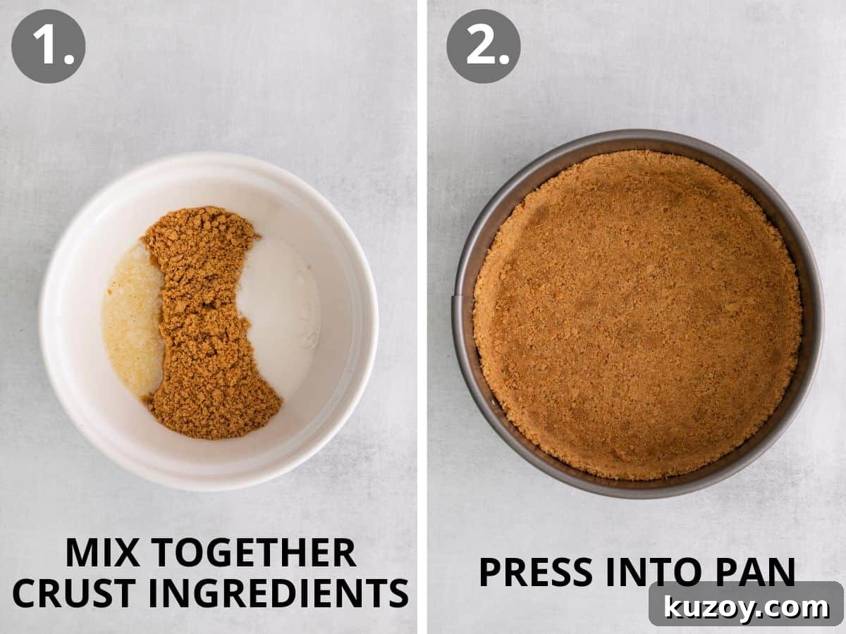 Crust ingredients in a bowl, and crust ingredients pressed into a cheesecake dish