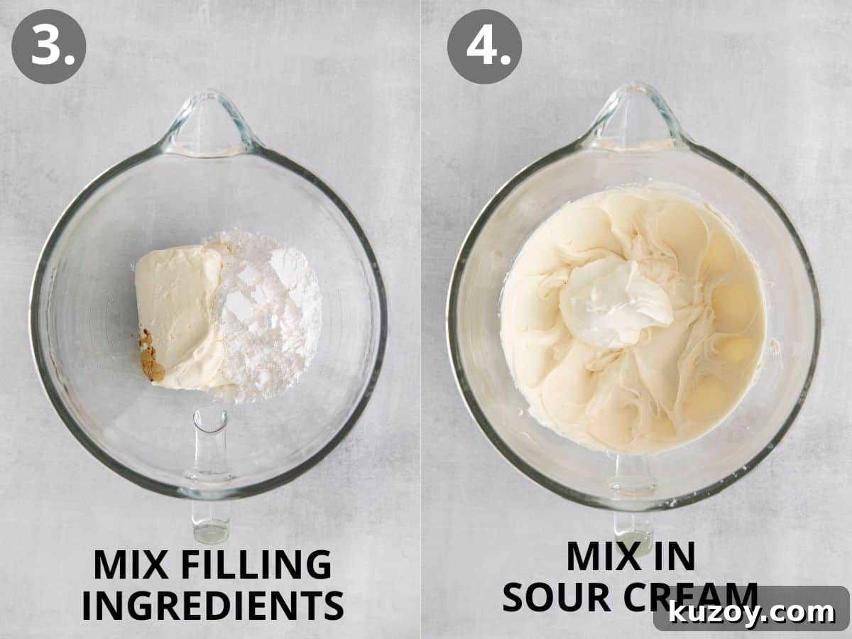 gluten-free no-bake cheesecake ingredients in a large mixing bowl, and the same ingredients with sour cream mixed in