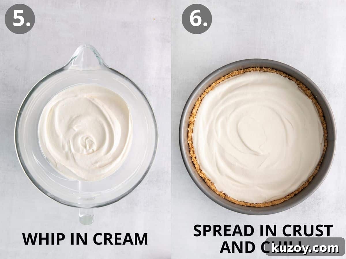 A bowl with cream whipped into the cream cheese, and a pie dish with the filling spread inside