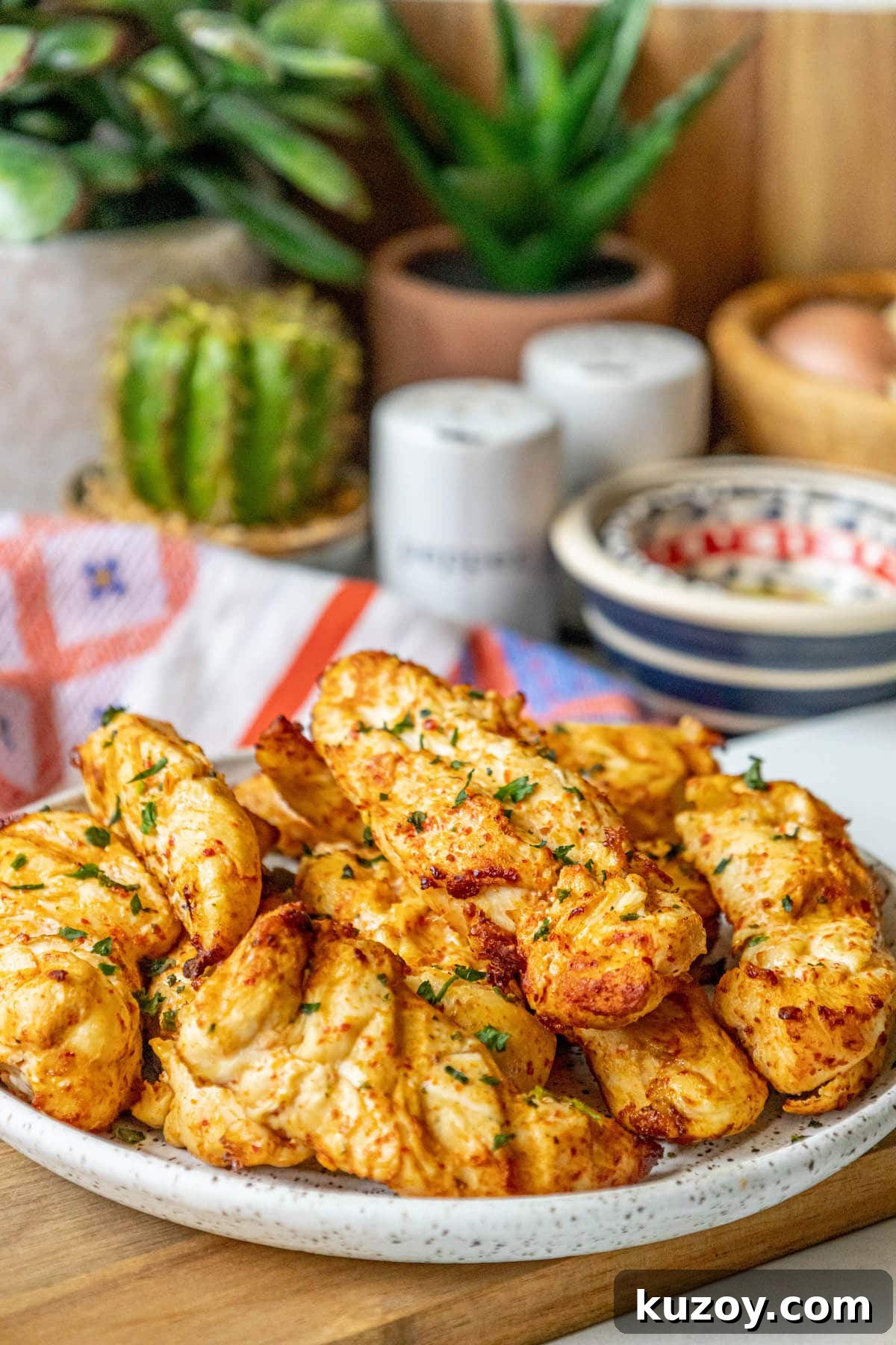 grilled chicken in ajika seasoning on a white plate on a table with chopped cilantro on top